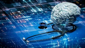 Model de creier și stetoscop pe o interfață digitală, simbolizând inteligența artificială în medicină